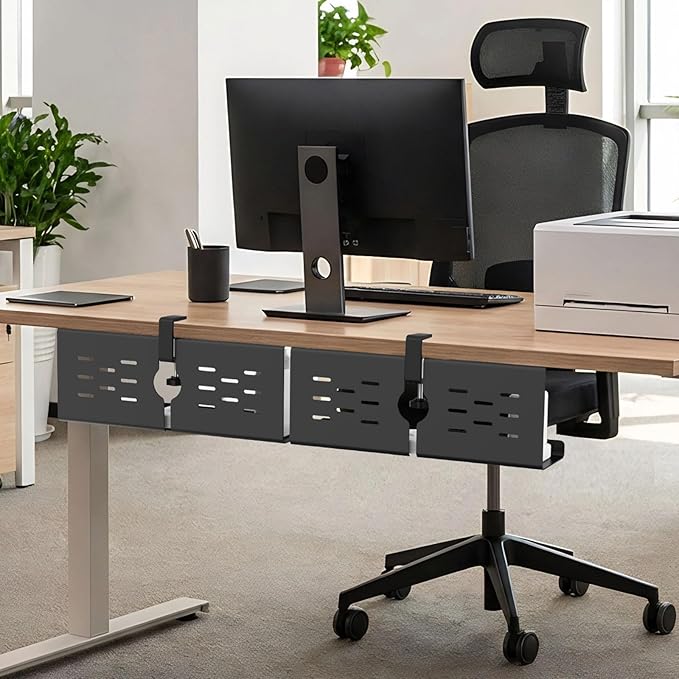 KEEGH 16" Under Desk Cable Management Tray, 2 Pack Desk Cord Organizer Upgrade Capacity, Drill Free Clamp/Screw Mount, Sturdy Metal Tray for Connect Cables, Home, Office, Black