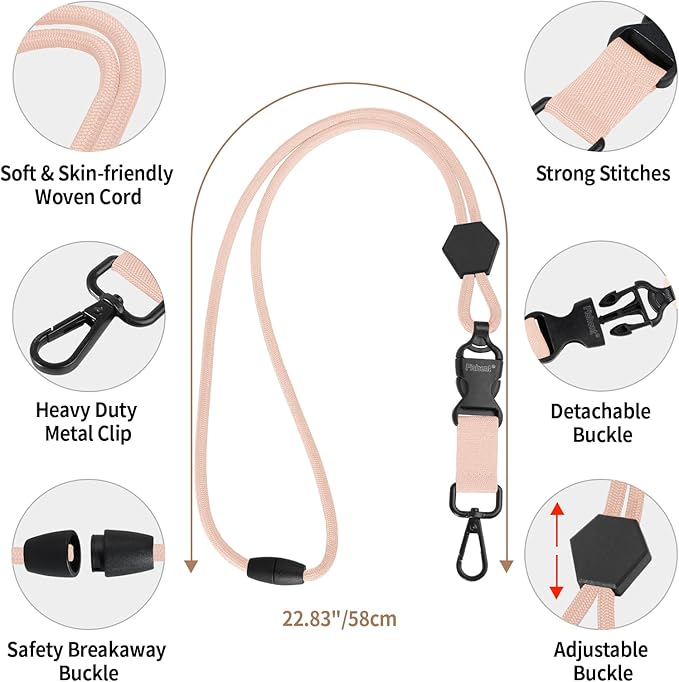 Fishent Breakaway Neck Lanyards for ID Badges, Adjustable Sturdy Round Cord Heavy Duty Key Lanyard with Detachable Buckle for Men Women Car Keys Card Holder (Pink Sands)