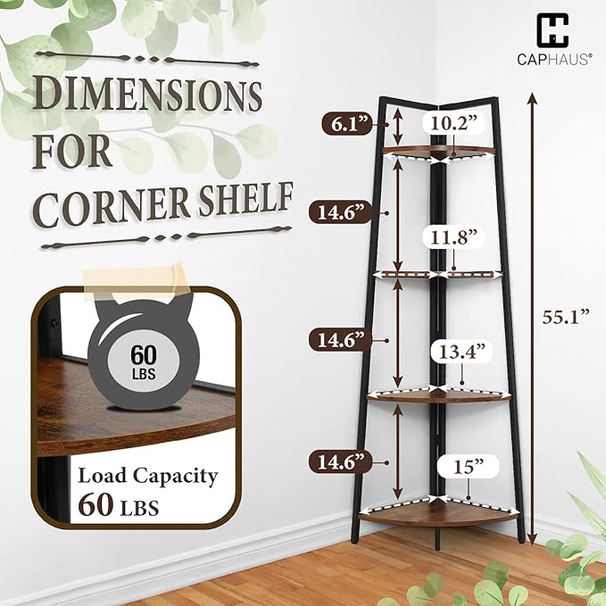 CAPHAUS Tall Corner Shelf Stand, 4-Tier Display Shelves, Ladder Corner Wood Storage Plant Bookshelf with Metal Frame, Versatile Shelving Unit Bookcase for Home Office Space, Rustic Oak