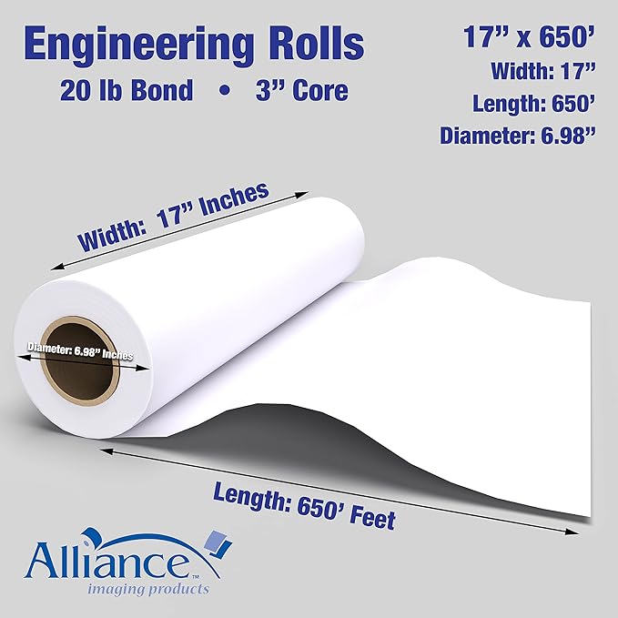 Alliance Wide Format Paper Rolls, 20lb with 3" Core (17 In x 650 FT | 3" Core, 20lb | 4 Rolls)