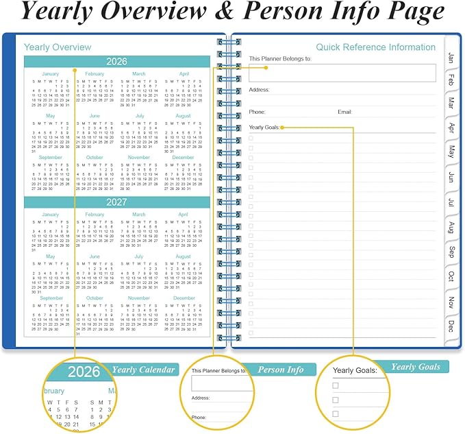 Daily Planner 2026 Full Page Per Day- 2026 Daily & Monthly Planner from January 2026 to December 2026, Day Planner 2026 with 12 Months Tabs, 6.4" x 8,5", Blue