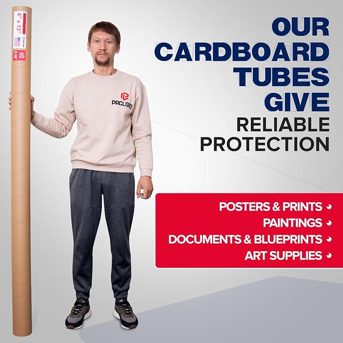 Paclord 4" x 72" Heavy-Duty Reinforced Cardboard Mailing Tube, Pack of 6 Tubes with 12 Caps – Secure USPS Approved – Great for Shipping and Storing of Prints, Artwork, Posters or Documents