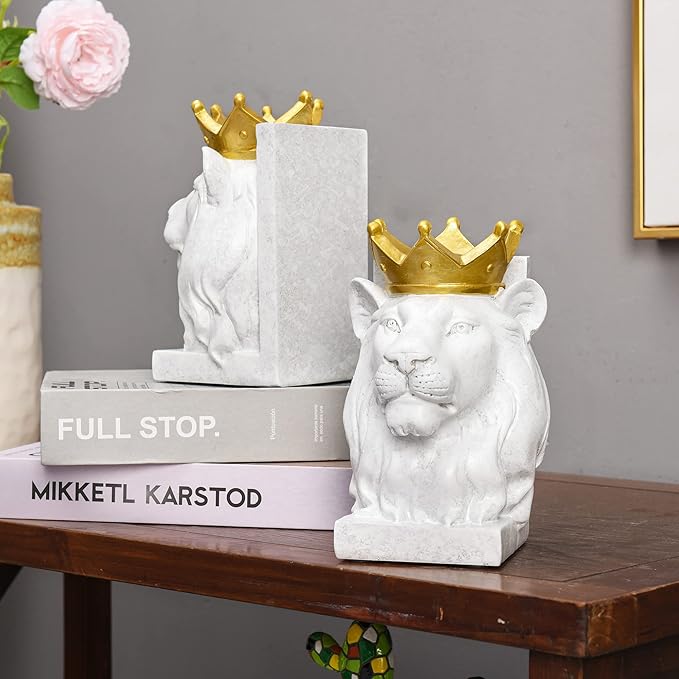 Kakizzy Decorative Lion Bookends - Modern Animal Book Stoppers for Heavy Books - White Lion Figurines