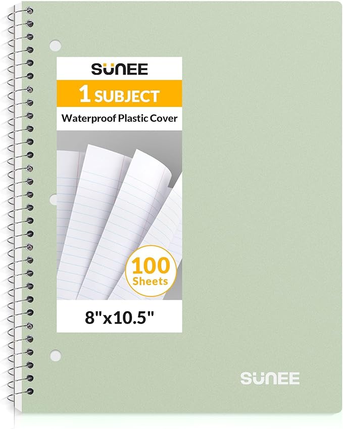 SUNEE Spiral Notebook, 1-Subject, College Ruled Paper, 8" x 10-1/2", 100 Sheets per Notebook, 3-Hole Punched Paper, Water Resistant Cover, Double-sided Pockets, Spiral Lined Notebooks for Work, Green
