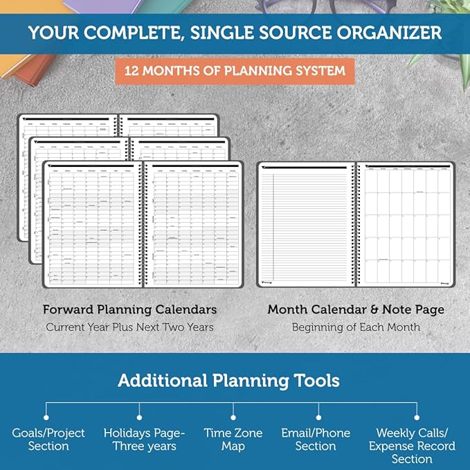 Planner Pad Spiral Bound January-December 2026/ Calendar Year 8 1/2" x 11" Large 3-Tier Funnel Down 12 Month Organizer, Black Cover/Black Ink