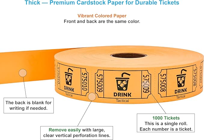 Tacticai 1000 Raffle Tickets, Drink, Orange (1 of 8 Colors), Single Roll for Events, Entry, Class Reward, Fundraiser & Prizes
