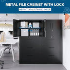 PEUKC 3-Drawer Metal File Cabinet, Lateral Vertical Filing Cabinets for Home Office, Locking File Cabinets with Storage Shelves, Legal/Letter/A4 Size Office File Cabinet (Black, Assemble Required)