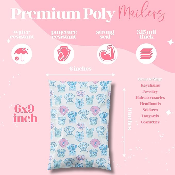 Pretty Package Store 6x9 Designer Poly Mailer 100 Pack Heavy Duty Waterproof Self Seal Shipping Bags for Small Business Large Mailing Envelopes Bulk Tear Resistant Packaging Pretty Pups Puppy Dogs