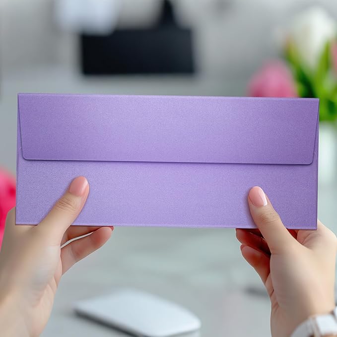 YooNotee 100 Count #10 Purple Metallic Business Envelopes, 80 lb, 4 1/8" x 9 1/2" Metallic Business Letter Size Envelopes, Peel & Press Square Flap, Printable for Professional Mailing and Office Use