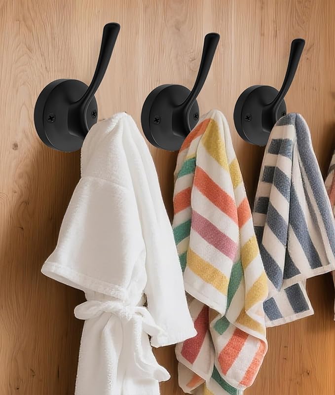 TOFIIGREM Black Wall Hooks Towel Hooks, 3 Pack Coat Hooks Robe Hook Heavy Duty Metal Double Bath Hook Wall Mounted, Hand Towel Hooks for Entryway Bathroom Kitchen Closet Garage