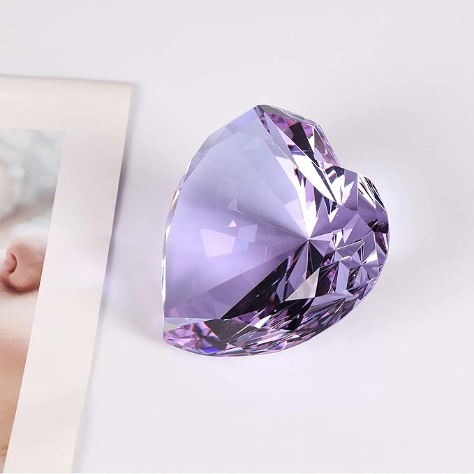 Purple Crystal Diamonds Paper Weights with Gift Box, 80mm Heart Shape Real Crystal Diamond Glass Gems Paperweight, Big Diamonds Birthday Anniversary Women Her Valentine's Day Gifts