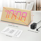 DreamSky Wooden Digital Alarm Clock for Bedroom - RGB Electric Desk Clock with Large Numbers, USB Port, Loud Alarm for Heavy Sleepers, Dimmer and Volume Control, Snooze, Wood Décor, Adapter Powered