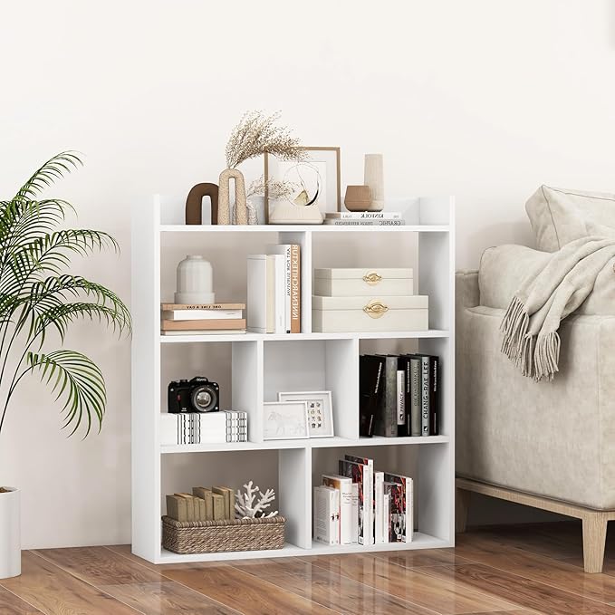 Giantex 7 Cube Bookshelf of 2, Free-Standing Wooden Bookcase, 4 Tier Home Display Shelf, Horizontal Storage Unit w/Anti-Toppling Devices, Open-Back Display Rack for Study, Living Room, White