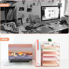 LEKETREE Desk Organizers and Accessories, 5-Tier Paper Letter Tray Organizer with File Holder, Desktop Organizer for Office Supplies (Rose Gold)