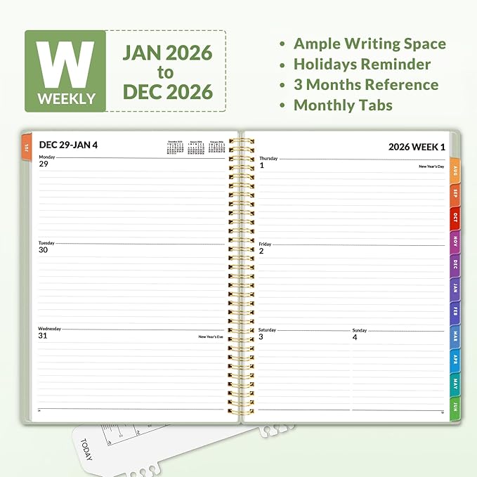 SUNEE 2026 Weekly and Monthly Planner - from January 2026 - December 2026, Daily Agenda Planner with Monthly Tab, Flexible Cover, Note Pages, Pockets, Bookmark, Spiral Binding, Sage Green, 8.5"x11"