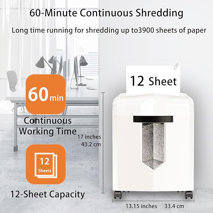 Bonsaii C266-B Micro Cut Shredder, Easy-Carry Handle, 12-Sheet, P-4 Security, 60 Min Continuous, CD/Credit Card, Jam-Proof, 4.2 Gal Bin, Ideal for Home Office Use, White/Gray