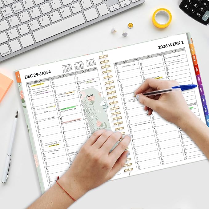 SUNEE 2026 Appointment Book, Quarter-Hourly, Weekly & Monthly - from January 2026 - December 2026, 6.4"x8.3" Weekly Planner, Flexible Cover, Note Pages, Pockets, Bookmark, Green Wildflowers