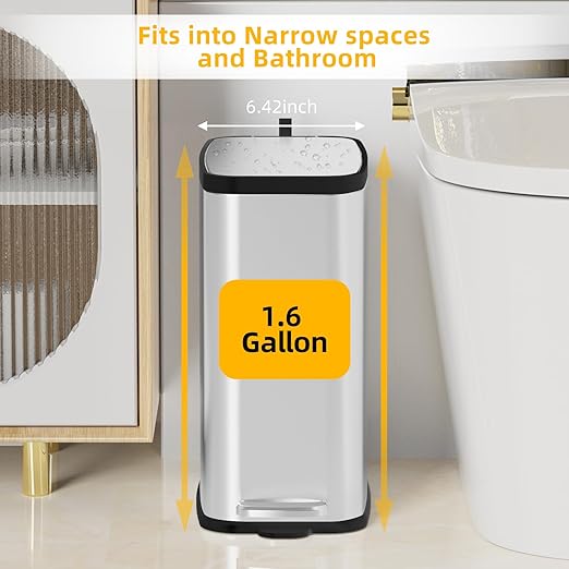 KdbK Stainless Steel Bathroom Trash Can with Lid Soft Close,1.6 Gallon Slim Garbage can,Small Metal Step Wastebasket for Office, Bedroom, Toilet, Live Room