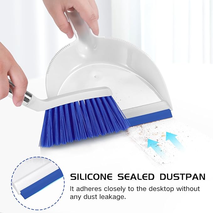 NACENA Mini Broom and Dustpan Set, Small Dust Pan and Brush Set with Handle Dustpan Teeth for Cleaning Hair Suitable for Office Desks Drawers Sofas Outdoor Camping, Blue