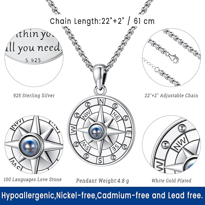 Compass Necklace for Women Men 925 Sterling Silver Pendant Urn Necklaces for Ashes Picture Locket Necklace Anchor Necklace Viking Necklace Crystals CZ Moonstone Abalone Shell Turquoise Compass Jewelry