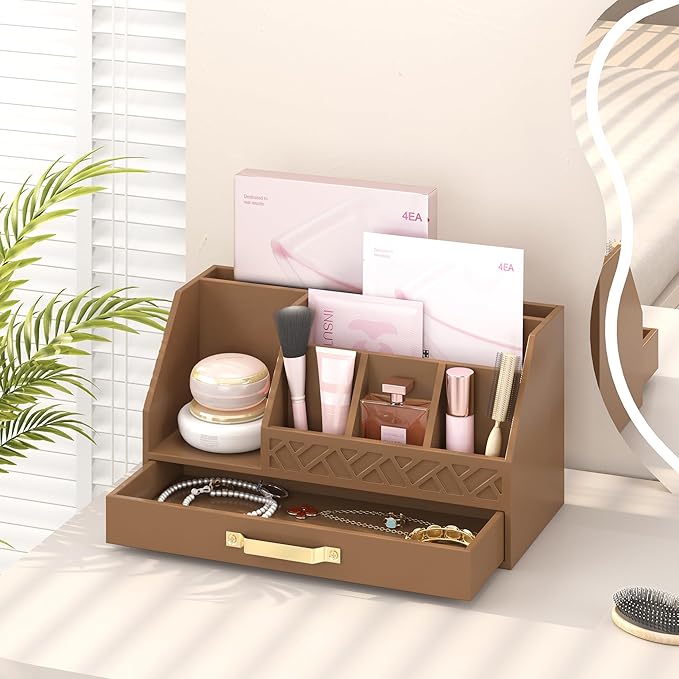 Wisuce Bamboo Mail Organizer Countertop with Drawers, Wooden Desk Organizer File Bill Sorter Storage Box for Desktop Letter Envelope Countertop Holder for Office Home School Organization