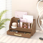 Wisuce Essentials Bamboo Desk Organizer with Drawers, Mail Organizer Countertop Wood Desk Drawer Tabletop Storage Organization Pen Holder Letter Sorter Makeup Organizer for School Home Office (Brown)