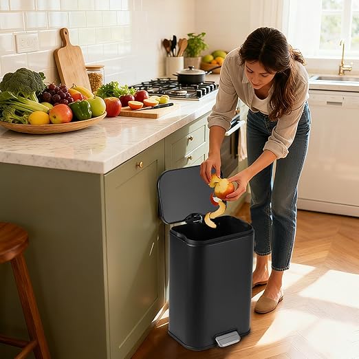 Takywep 13.2 Gallon Brushed Stainless Steel Trash Can with Soft-Close Lid, 3.2/5.3/8/13.2 Gallon Smudge-Resistant Compact Garbage Bin for Kitchen, Bathroom, Office - Black & White
