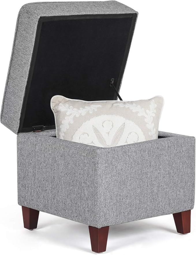Asense 17 Inch Square Storage Ottoman,Small Foot Rest Stool for Couch, Linen Fabric Upholstered Footstool Cube for Entryway Bedroom Living Room, Light Grey
