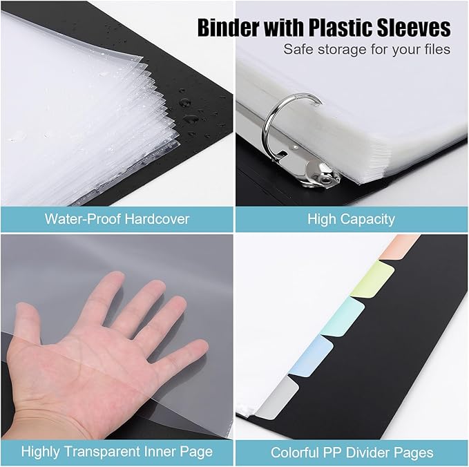 Uquelic 50-Pocket Binder with Plastic Sleeves for Letter/A4 Size(11" x 8.5"), Silver Leaf Printed Cover, Document Binder Organizer for Papers, Certificates and Artwork with Macaron PP Divider Pages