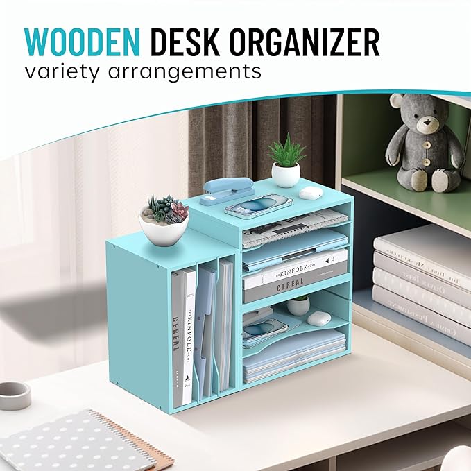 SHARKWOODS Wood Desk Organizer, 3 Tier Paper Tray Organizer for Desk with Adjustable Storage Shelves, Desktop File Organization Paper Sorter Mail Holder for Office Home Classroom, Blue