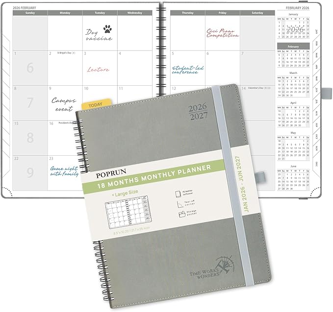 POPRUN Monthly Planner 2026-2027 (Large 8.5" x 10.5") 18 Months Calendar Book(Jan 2026 - Jun 2027) - 4 Pages per Month with Expense & Notes, Stair-like tabs, Leather Cover, Sunday Start - Grey