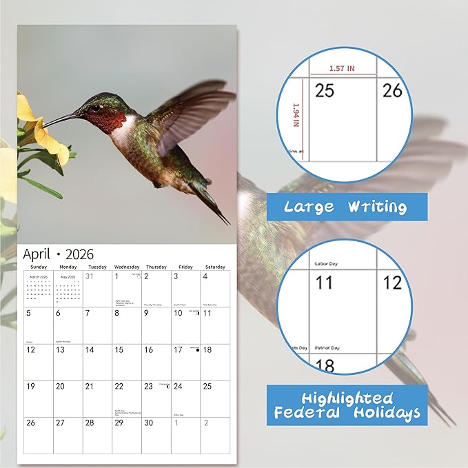 2026 Wall Calendar,Calendar 2026, November 2025 - December 2026, Wall Calendar Hummingbird, 12" x 24" Opened,Full Page Months Thick & Sturdy Paper for Calendar Organizing & Planning