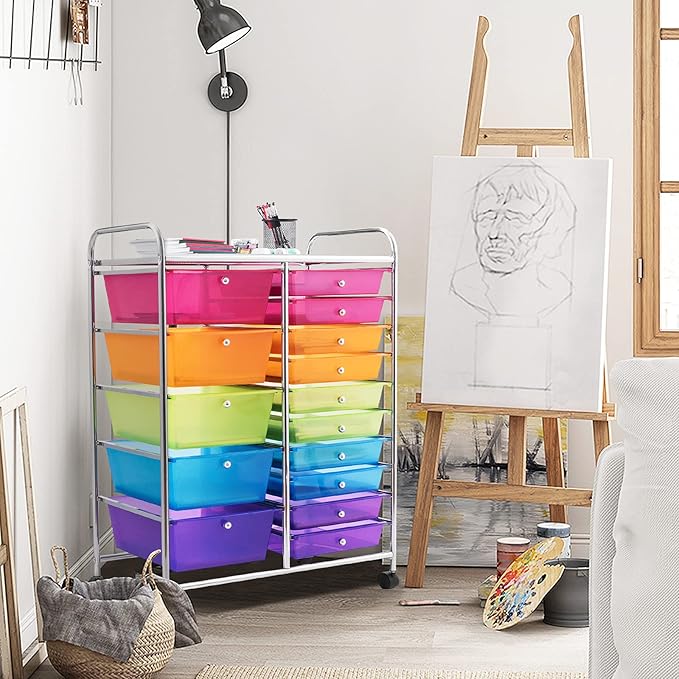 LDAILY 15 Drawer Rolling Storage Cart, Rolling Cart with Drawers for Classroom, Art Supply Craft Organizer on Wheel with Metal Frame & Handles for Home Office School