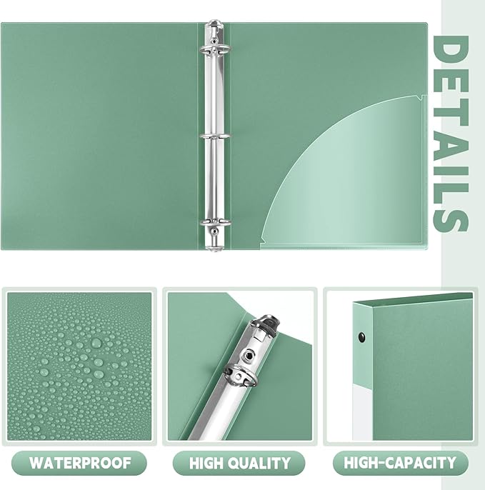 Henoyso 48 Pcs 3 Ring Binder 0.5 Inch Round Fits Letter Size 8.5'' x 11'' Paper Plastic Flexible Binder Bulk Holds 140 Sheets with 1 Pockets Versatile Organizer for Home Office School (Sage Green)