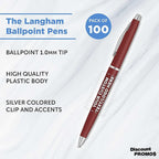 DISCOUNT PROMOS Custom Langham Ballpoint Pens Set of 100, Personalized Bulk Pack - Black Ink, Great for Office, School, Business, Tradeshows - Burgundy