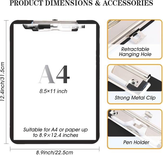 TFDLCG zm 2 PCS Clip Boards 8.5x11,Black Plastic Clipboard with Pen Holder,Standard Letter Size A4,Heavy Duty,Hanging Clipboards for Women Kids Teacher, School Office Home Supplies