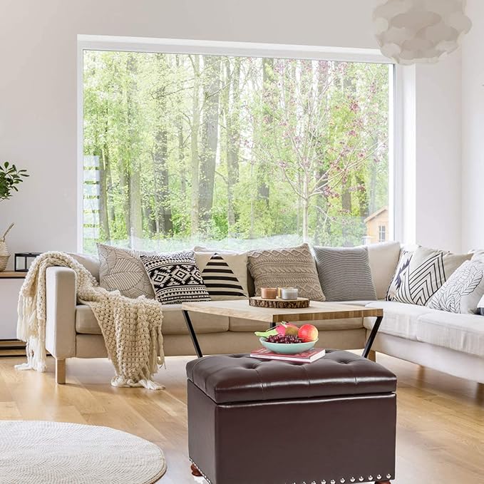 Decent Home Leather Storage Ottoman Bench Foot Rest Stool with Nailhead Trim (Dark Brown - Button Tufted Leather)