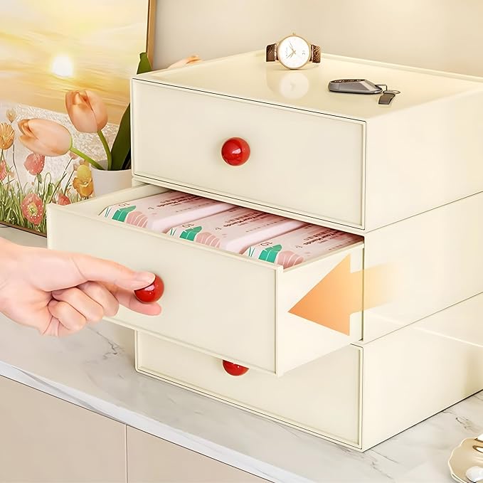 OSteed Desktop Drawers, Desk Organizer with 1 Large Drawer & Dopamine Handles, Stackable Plastic Storage Box for Home Collection, Cosmetics, Office Supplies (1 Tall Layer, Cream)