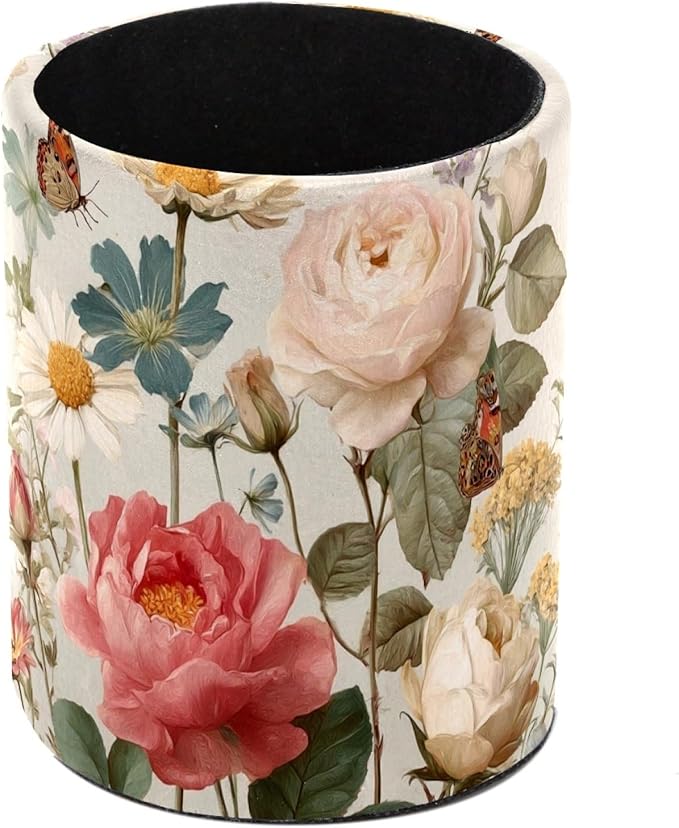 Leather Pen Holder for Desk Floral Butterflies Pretty Pencil Cup Desktop Organizer Makeup Brush Holders Office Supplies for Home, Kids & School