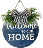 VPDTVK Welcome Sign for Front Door, Rustic Welcome Door Sign Outdoor Wreaths Decor for Spring Summer Autumn and Winter All Seasons Holiday Halloween Christmas(Blue)
