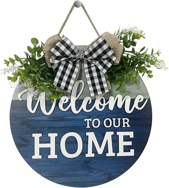 VPDTVK Welcome Sign for Front Door, Rustic Welcome Door Sign Outdoor Wreaths Decor for Spring Summer Autumn and Winter All Seasons Holiday Halloween Christmas(Blue)