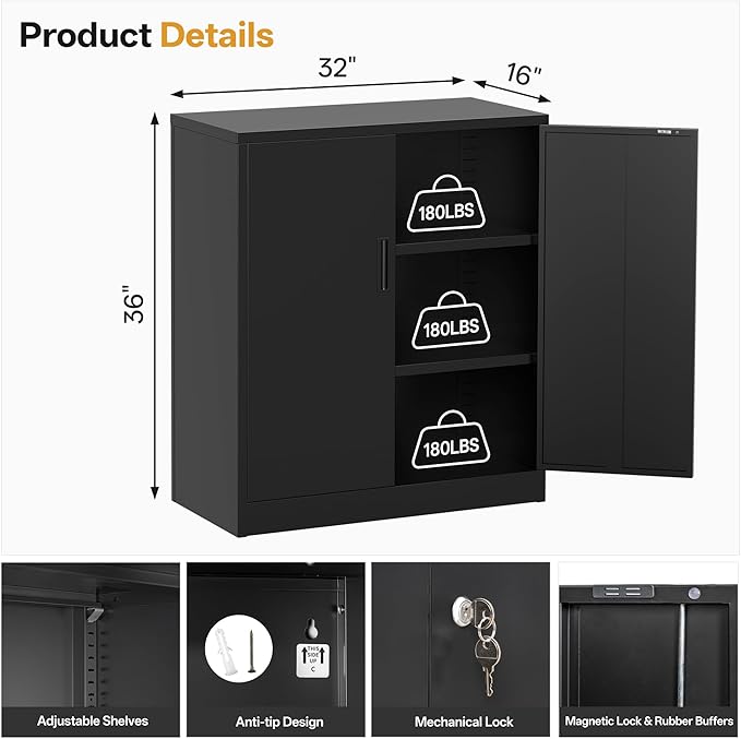 TaskStorz Metal Garage Storage Cabinets，Metal File Cabinet with 2 Adjustable Shelves, Lockable Storage Cabinets for Office, Home, Garage, Warehouse 36" H x 31.5" W x 15.7" D (Black)