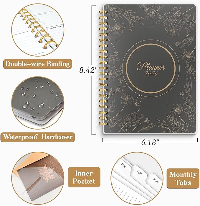 2026 Planner, Weekly and Monthly Planners with Tabs, A5 Spiral Bound Daily Calendar 2026 Planner, 12 Month Agenda Organizers from Jan. to Dec., Flexible Cover Appointment Book(Black Gold Flower)