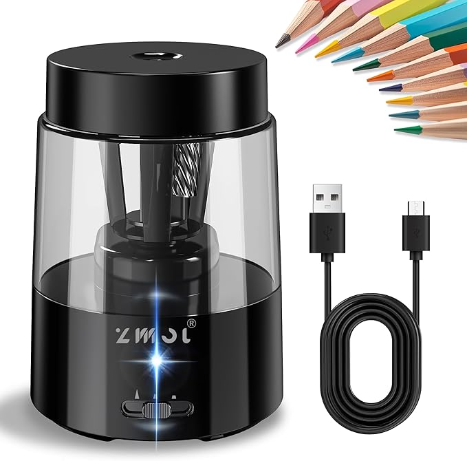 ZMOL Electric Pencil Sharpener, Automatic Pencil Sharpeners Kids, Battery Rechargeable Pencil Sharpeners for Colored Pencils, Auto Stop, Suitable for No.2(6-8mm), School/Home