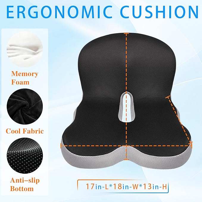 Watshyon Ergonomic Memory Foam Reenly Back and Seat Cushion & Non-Slip Base with Adjustable Straps for Office Seat Cushion and Car Cushion,Removable Washable Cover- Breathable Mesh