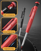 STAGEEK 3PCS Carpenter Pencils with Sharpener, Heavy Duty Woodworking Tools, Mechanical Pencil Set with 39 Refills, Deep Hole Long Nib Marker Pens for Architect Marking with Case (Red, Black, Yellow)