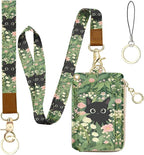 bolimoss Black Cat Lanyard Wallet with Id Badge Holder, Cute Flower Zippered Coin Pouch Credit Card Holder, Women Small Wallet with Removable Wristlet & Neck Lanyard, 5 Card Slots, Ring Keychain