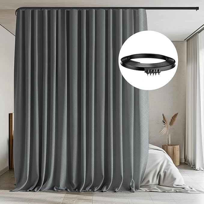 Room Divider Curtains with Flexible Ceiling Tracks Set,Blackout Curtain Ceiling Mount Curtain Track Privacy Room Dividers Ceiling Track Curtain Rod(Dark Grey Drape & Black rail W 12.5 × H 9 FT)