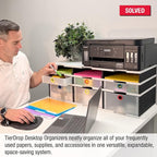 Desktop Organizer 6 Letter Tray Sorter Plus Riser Base, 3 Supply & 3 Storage Drawers - Ultimate Office TierDrop Plus Stores All of Your Documents and Supplies in One Compact Modular System
