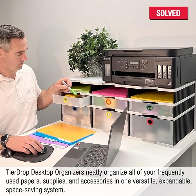 Desktop Organizer 6 Letter Tray Sorter Plus Riser Base, 3 Supply & 3 Storage Drawers - Ultimate Office TierDrop Plus Stores All of Your Documents and Supplies in One Compact Modular System
